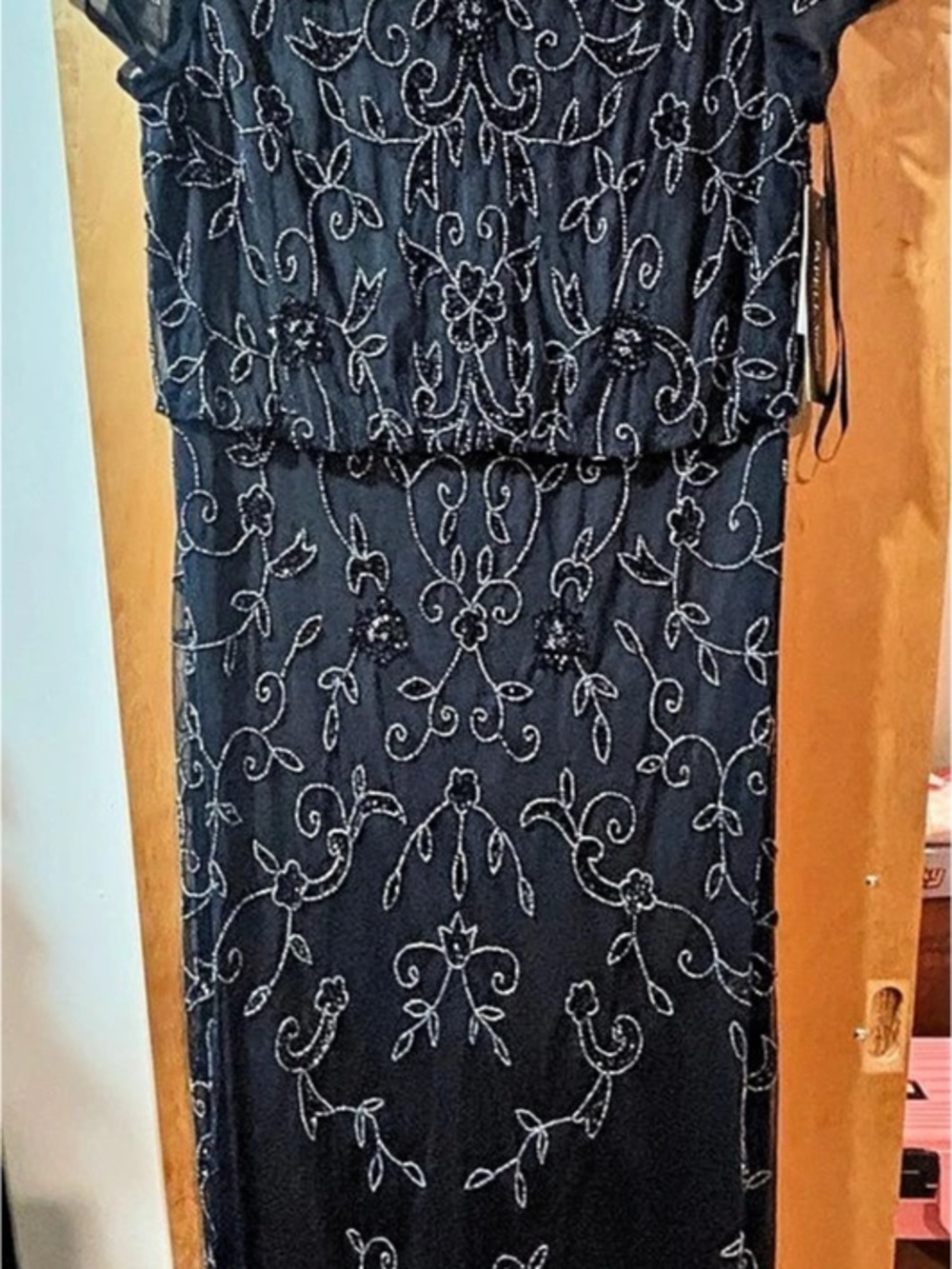 Papell Studio Beaded Blouson Long Dress Beaded Floral Maxi Dress Size 16 NWT